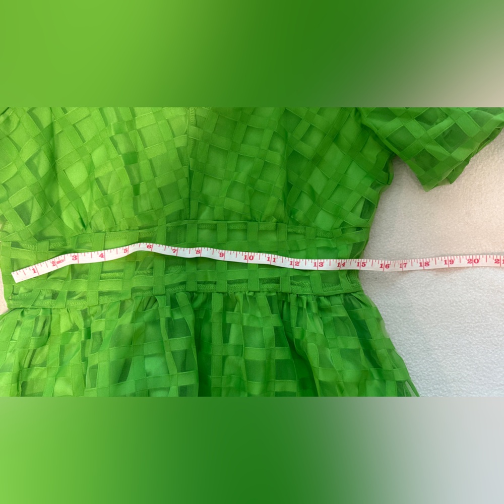 Green Organza Grid Dress Puff Sleeve V-Neck Size M - Picture 6 of 7